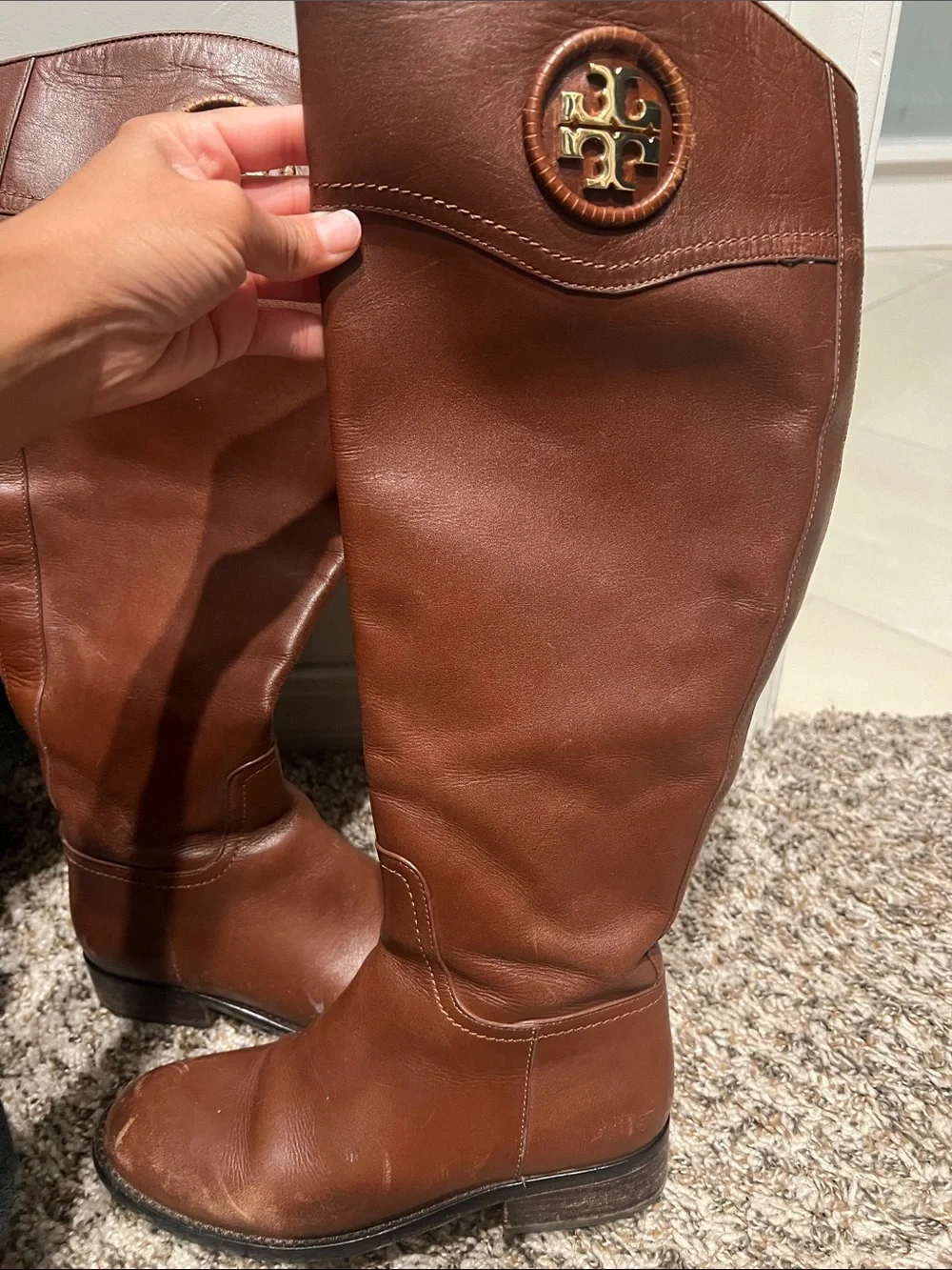 Tory Burch Chestnut Brown Logo Leather Tall Riding Boots